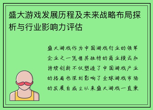 盛大游戏发展历程及未来战略布局探析与行业影响力评估
